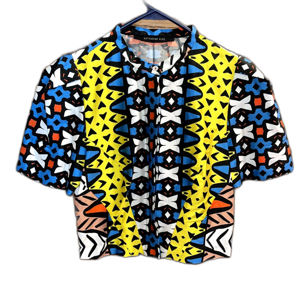Katharine Kidd Maximalist Geometric Colorful Short Sleeve Button Up Blouse sz S